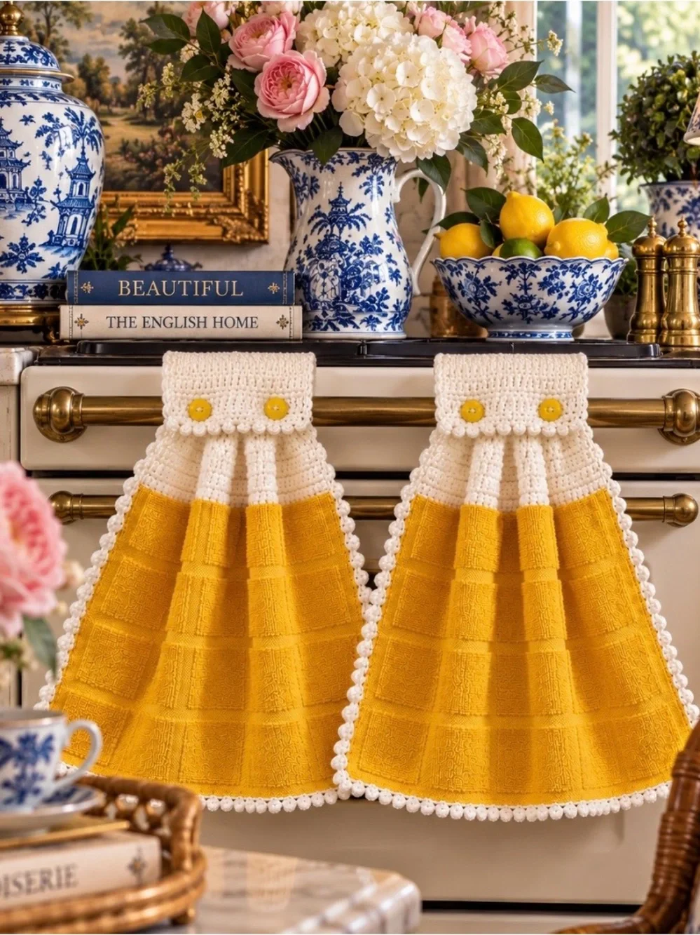 Handmade Yellow Crochet Hanging Kitchen Towels Pair